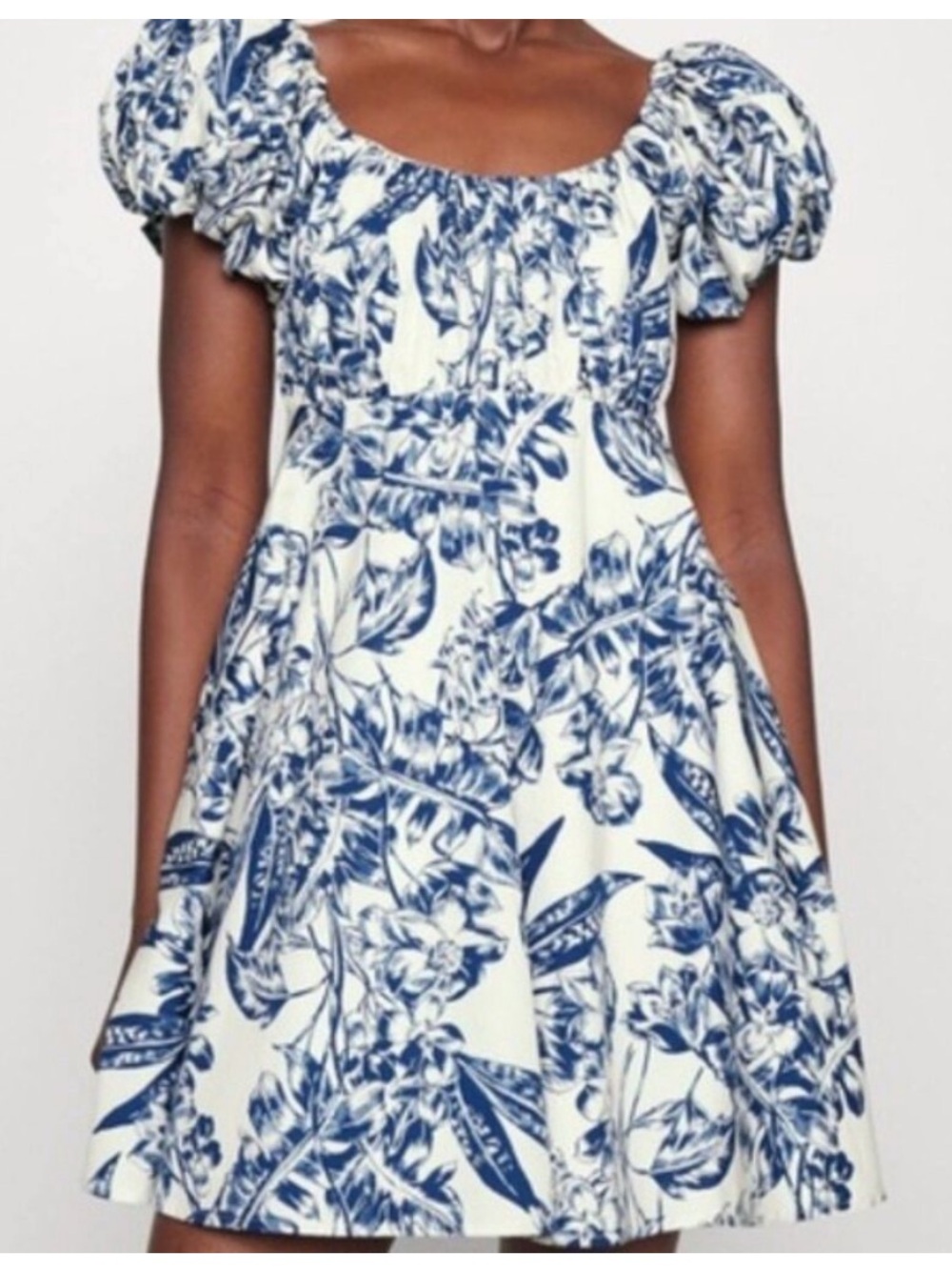 Abercrombie & Fitch White Dress with Blue Botanical Print and Puff Sleeves